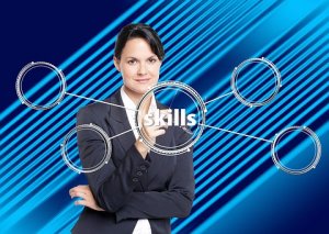 A professionally dressed woman points at the word "skills" in the center of five interconnected circles, underscoring the brand's emphasis on professional development. The background features a dynamic, diagonal striped blue pattern, suggesting skill acquisition.