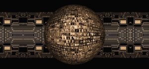 A spherical globe filled with numerous small images of people's faces is centered against a black background with a golden circuit board design extending horizontally behind it, symbolizing employee engagement. The intricate circuitry connects and surrounds the globe.