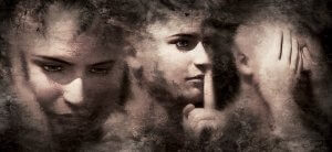 An abstract image depicts three faces in varying states of emotion, capturing the essence of conversations. From left to right: a solemn face with eyes closed; a face with a finger to its lips in a "shh" gesture; and a face covering its ears, all set against a textured, grungy background.