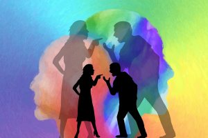 A colorful illustration depicts two people engaged in an intense conversation. Their silhouettes are pointing fingers at each other, with a larger, more abstract silhouette in the vibrant background, suggesting emotional intensity or a larger conflict. The colors range from blue to green to red.