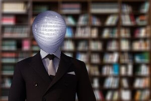 A person in a suit with a head made of binary code (ones and zeros) stands in front of a blurred background of bookshelves filled with books. The binary code covers the entire head, giving a surreal and digital appearance, symbolizing the modern workforce's integration with technology.