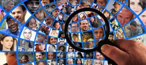 A collage of diverse people’s faces arranged in a circular, mosaic pattern. A hand holding a magnifying glass focuses on a specific section of the collage, magnifying several faces. The image represents diversity and individual focus within a larger community, much like an ATS highlighting talent.