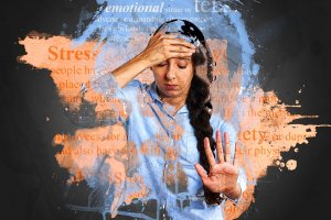 A woman clutches her forehead with one hand while holding her other hand up as if signaling to stop. The background, an abstract mix of colors and stress-related words like "emotional," "strain," and "stress," reflects the anxiety and overwhelm often felt in mid-level leadership.