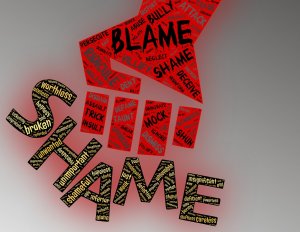 An image features the word "SHAME" imposed by a large, red arrow pointing downward. Words associated with shame and bullying, such as "worthless," "ridicule," "mock," and "neglect," are scattered throughout the image in various sizes and fonts.