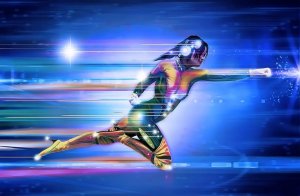 A superhero-like figure in a colorful, futuristic outfit is depicted in mid-flight against a bright, streaked blue background. The figure has an arm extended forward, suggesting high-speed movement, with light trails emphasizing their rapid motion—a symbol of agility and dynamism in the modern workplace.
