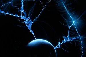 A dark background showcases vibrant blue electric arcs and plasma streams, emanating from a spherical object at the bottom center, creating a mesmerizing, abstract pattern reminiscent of lightning that evokes an image of dynamic leadership guiding through the storm.