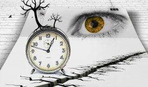 Surreal image featuring an alarm clock with black, barren tree branches growing on it, set on a white surface that has a large crack. A spider web hangs from one branch. In the background is a large, detailed eye against a brick wall, hinting at hidden superpowers.