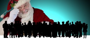 A large group of silhouetted people stands in front of an image of Santa Claus, who is wearing his traditional red suit and white gloves, and is adjusting his glasses while looking directly at the camera. The teal-to-white gradient backdrop subtly hints at mental fitness themes.