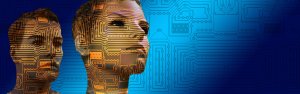 Two human heads are digitally rendered with gold circuitry patterns on their surfaces, facing opposite directions against a blue backdrop that features circuit board designs. The image suggests the concept of artificial intelligence or human-machine integration, highlighting the intersection of technology and talent.