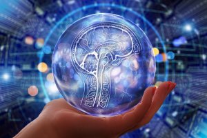 A hand holds a transparent spherical object containing a detailed illustration of a human brain and spine. The background features a network of glowing circuits and bokeh lights, creating a futuristic digital atmosphere that showcases the intersection of technology and talent.