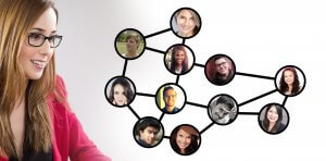 A woman wearing glasses and a pink blazer is seen smiling on the left. Beside her is a network diagram of eleven people's faces connected by lines, each in circular frames, representing a social or professional network, potentially including your boss. The background is white.