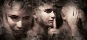 A dark, textured image showing three faces: one looking down in contemplation, one with a finger against their lips signaling silence, and one with both hands covering ears. The image has a mysterious, distressed appearance, evoking an elusive sense of feedback from each expression.