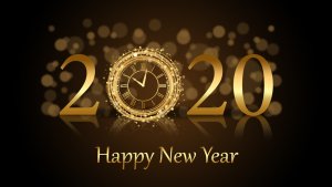 Gold "2020" text with a clock design as the "0" on a dark background with glowing light bokeh effects symbolizes the transition into the new year. Beneath the text, "Happy New Year" is written in elegant gold lettering.