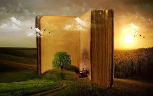 A surreal image depicting an open book standing upright in a grassy field at sunset. The book's pages, filled with imagined travels, show a winding path leading to a lone tree and a small, distant house. Birds are flying in the sky, blending the real landscape with the imaginative world inside the book.