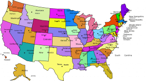 A colorful map of the United States shows state names and capitals, useful for understanding different workers' compensation jurisdictions. States are outlined and labeled with their respective names and capitals. Alaska and Hawaii are included below the mainland USA, with different states shown in various colors for distinction.