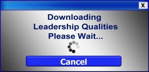 A screen displays the message "Downloading Leadership Qualities Please Wait..." with a loading icon below it. At the bottom, there's a large blue button labeled "Cancel." In the top-right corner, there is a small 'X' button to close the leadership screen.