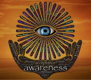An illustration of a stylized eye in the center, with colorful rays emanating from it containing various words like "Options," "Implication," and "Interpretation." Below the eye, two hands cradle the rays with words like "awareness," "trust," and "acceptance," embodying the finesse of a skilled negotiator.