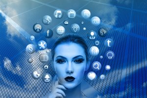 A woman's face is superimposed on a digital background of skyscrapers and a blue sky. Surrounding her head are various icons representing social media and technology, including Facebook, Twitter, and music symbols. With a pensive expression, she represents jobseekers navigating the modern digital landscape.