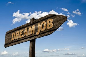 A wooden signpost pointing to the right with the words "DREAM JOB" carved into it stands prominently. Against a blue sky with scattered white clouds, this sign reminds job seekers that crafting the perfect resume is the first step towards their aspirations.
