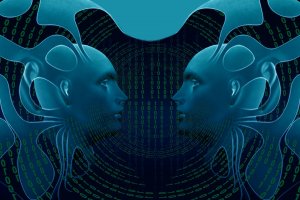 A digital illustration features two futuristic human-like blue heads facing each other against a backdrop of binary code. Abstract and organic shapes, symbolizing the ego, emanate from the heads, creating a symmetrical, mirrored effect. The overall aesthetic is technological and surreal.