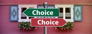A signpost in front of a building with flowering window boxes points in two opposite directions. One green sign labeled "Choice" points left, and one red sign labeled "Choice" points right, symbolizing a decision-making scenario that challenges the ego.