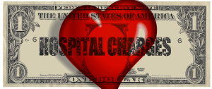 An image of a U.S. one-dollar bill with a large red heart superimposed in the center. The words "HOSPITAL CHARGES" are overlaid in bold, distressed font across the heart and the dollar bill, highlighting the high costs of healthcare.