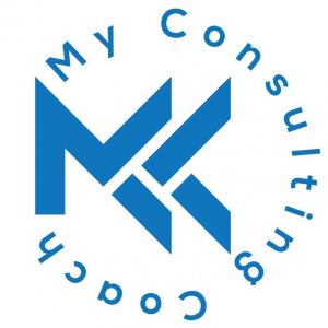 A blue logo features the stylized letters "M" and "K" arranged to form a unique shape. Surrounding the letters in a circular pattern are the words "My Consulting Coach," emphasizing personal development, written in blue.
