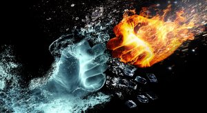An illustration depicts two fists clashing: the left fist, embodying icy weather, is surrounded by splashes and flying ice cubes, while the right fist is engulfed in flames with sparks and fire particles. The black background emphasizes these contrasting elements.