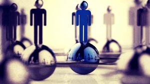 A bluish metallic figurine stands on a reflective spherical surface, surrounded by other blurred figurines in the background. The abstract scene focuses on the central figure, evoking a calm atmosphere with a slight gradient light—an uncanny resemblance to HR diagrams in the art world.