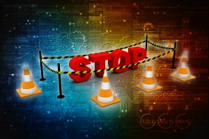 Digital illustration depicting a "STOP" sign surrounded by traffic cones and caution tape on a multicolored background with a world map and cybersecurity elements, representing halted access or security breach, designed with clarity in mind.