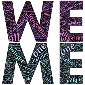 An intricate word art design forms the large words "WE" and "ME" with smaller phrases inside. "WE" contains positive terms like "collaborative," "supportive," and "cooperative," while "ME" includes mixed terms like "selfish," "unique," and even a bit distracted.