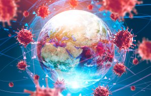 The image shows Earth surrounded by large, red virus-like structures, symbolizing a global pandemic. Light blue digital lines and numerical data overlay the scene, suggesting world connectivity and the spread of information or disease globally.