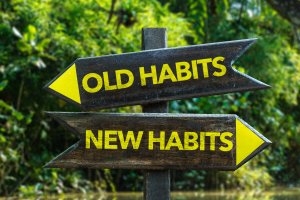 Two wooden signposts shaped like arrows are mounted on a pole, pointing in opposite directions. The left sign, indicating backward, reads "OLD HABITS." The right sign, pointing forward, reads "NEW HABITS." These symbols of changing habits stand strikingly against a lush green, forested background.