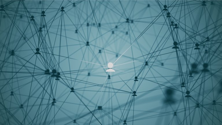 A networking diagram featuring interconnected nodes on a blue background, with lines representing connections between them. Among the nodes, one is depicted as a person icon and is highlighted, suggesting focus or importance.