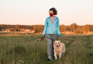 A person wearing a light blue jacket, gray sweatpants, and a red face mask walks a golden retriever on a grassy field. The person holds the dog's leash, basking in open nature with trees in the distance—a refreshing stroll beneficial for mental health.