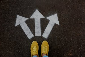 A pair of yellow shoes stands in front of three white arrows painted on asphalt, each pointing in different directions: left, straight, and right. These arrows can symbolize choices or even potential paths for careers in government.