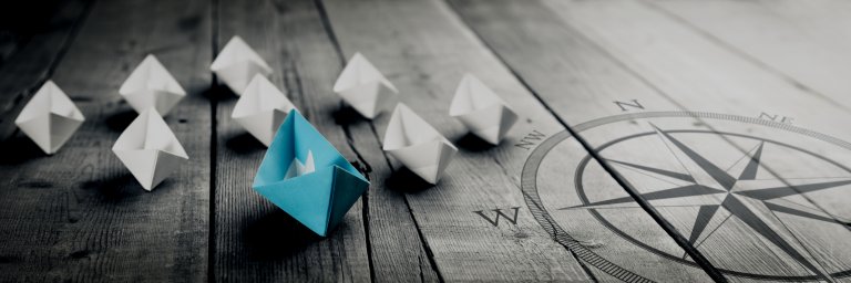 A group of paper boats, with an outlier blue boat leading white boats on weathered wooden planks, mirrors the journey toward government jobs. A large compass design is overlaid on the right side of the image, symbolizing direction and leadership. The scene is in partial grayscale.