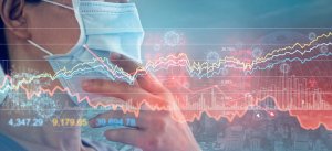 A person wearing a face mask is seen with an overlay of financial graphs and stock market data. COVID-19 virus illustrations are dispersed throughout, indicating the impact of the pandemic on financial markets and Government Jobs. Various colorful lines and bar charts represent fluctuating trends.