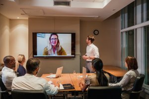 A man in a white shirt stands at the front of a conference room, presenting to a small group of people. They are all watching a woman on a video call displayed on a large screen, discussing careers in government. The room has a modern design with a table, chairs, and glass windows.