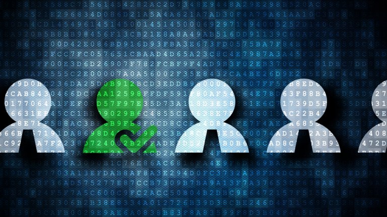 Image of a row of stylized human icons on a digital background of binary code. All icons are white except for one in green holding a heart symbol, likely representing individuality and the unique opportunities in Government Jobs within a technological context.