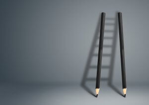 Two black pencils are positioned vertically against a grey background, with shadows forming the shape of a ladder, creating an optical illusion that the pencils are ladder rungs—symbolizing the ascent through careers in government.