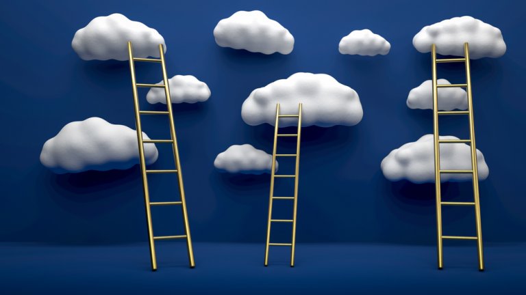 A conceptual illustration features three ladders reaching up to fluffy, white clouds against a deep blue background. The smallest ladder is in the center, with two slightly taller ladders positioned to the left and right, symbolizing the various levels of careers in government.