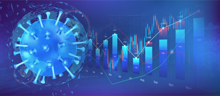 A 3D illustration of a large blue Covid-19 virus structure on the left. On the right, there are colorful bar graphs and line charts showing data trends across months from April to November. The background is a gradient of dark blue, creating a futuristic and analytical feel.