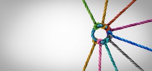 A circular knot created with multicolored ropes extends outwards against a white background, symbolizing unity and teamwork. The ropes are intricately tied together, each thread distinct yet contributing to the cohesive structure of teamwork.
