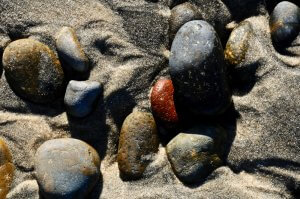 Smooth, multicolored stones are partially embedded in wet sandy soil. The sand has shadows and textures around the rocks, creating varying shades of light and dark. Managing a beautiful display, the stones vary in size and color, including hues of gray, brown, and a prominent red one.