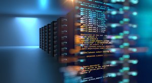 Rows of server racks on the left side of the image with a blurred visualization of programming code and wifi signals on the right, blending into a futuristic-looking blue-hued background. The scene represents a modern data center environment and coding interface.