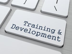 A close-up image of a computer keyboard with a white rectangular key labeled "Training & Development" in dark blue text. The key stands out from the other white keys, emphasizing the importance of training and development in cultivating leadership skills in a professional or educational context.