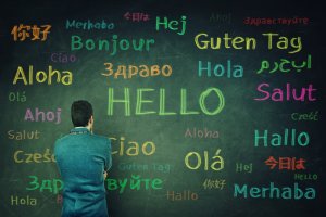 A person stands facing a blackboard filled with "hello" written in various languages, such as English, Spanish, French, German, Italian, Chinese, Arabic, Portuguese, Russian and more. This symbolizes international greetings and multicultural communication essential for global cooperation and diplomacy.