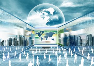 A futuristic digital landscape featuring a transparent globe above cityscapes and digital elements. People are walking in a virtual environment with binary code and buildings in the background, while a world map is displayed centrally on a large screen.