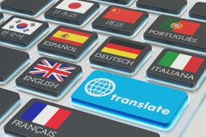 A keyboard with keys representing different languages, including English, French, Italian, German, Spanish, Portuguese, Chinese, Japanese, and Korean. A prominent blue key with a globe icon and the text "translate" is also featured—a perfect tool for government officials working in international communications.